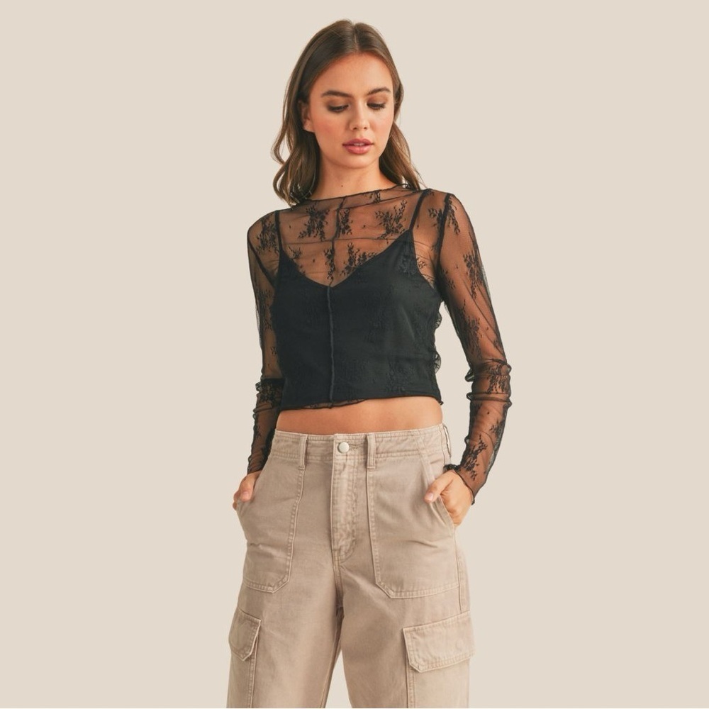 Miou Muse Sheer Floral Black Crop Top with Blouse Sleeves